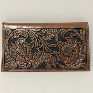 Ariat Mens Brown Tooled Leather Wallet Rodeo Checkbook Floral Western Cowboy